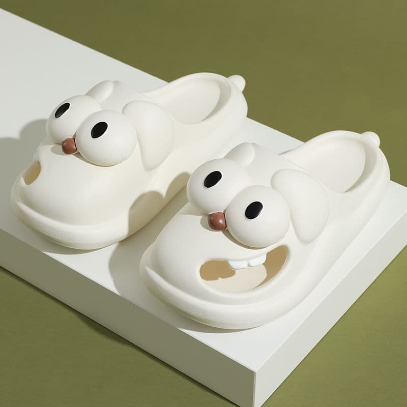 Big Eye Dog Slippers — White